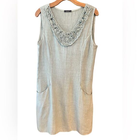 Lungo L’Arnt Sz M Sage Green Linen Detailed Collar Sleeveless Side Pockets Dress - Picture 1 of 5